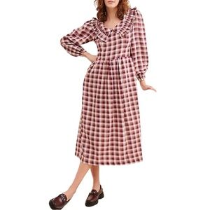 Tach Plaid Dress Womens Medium Lulu Tartan Cotton Midi Long Red Peasant Boho
